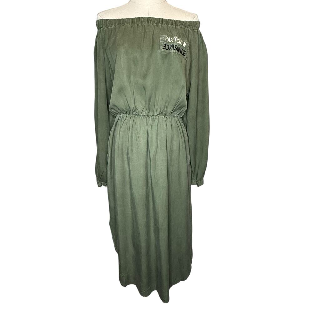 Zara Off‎ the Shoulder Midi Dress Lyocell Long Sleeve Open Back Military size L